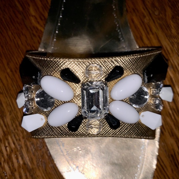 Prada Gold Leather Crystal Embellished Sandals - Picture 12 of 14